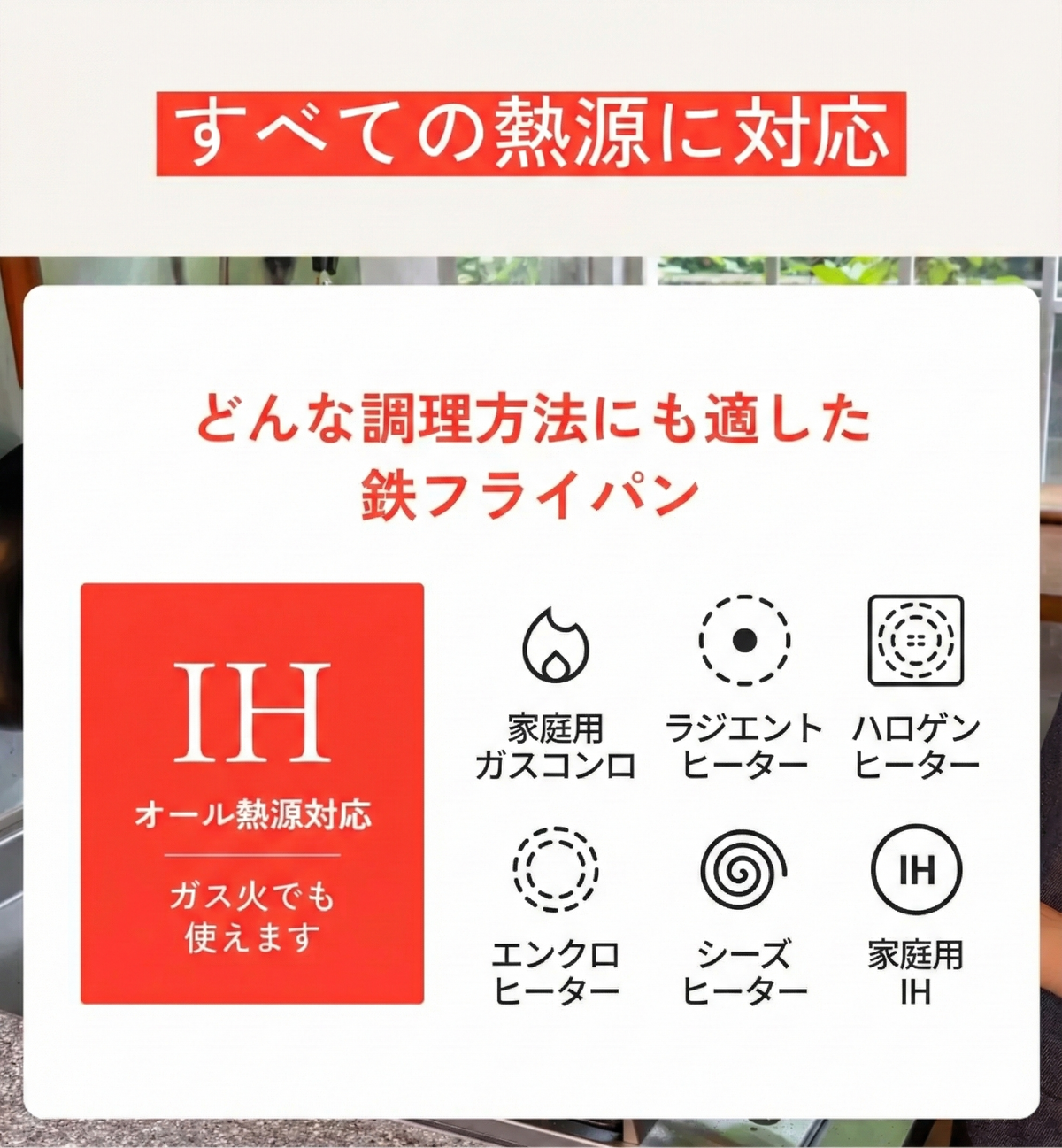 IHやガス火などすべての熱源に対応したクーベルの鉄フライパンの図解