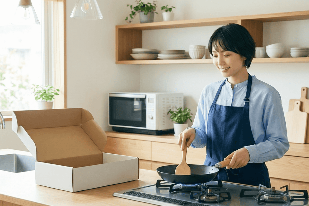 届いてすぐ使えるクーベルの鉄フライパンで調理を始める様子